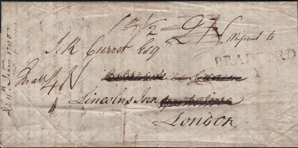 143046 1780 LARGE ENTIRE LETTER LONDON TO KILDWICK CRAVEN, YORKSHIRE, MISSENT TO BRADFORD IN YORKSHIRE AND REDIRECTED BACK TO LONDON.