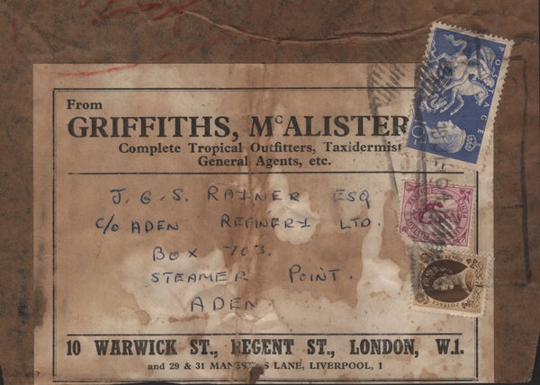143047 1954 PART PARCEL WRAPPER LONDON TO ADEN WITH KGVI 10s ULTRAMARINE (SG511)  AND WILDINGS 6d AND 1/-.