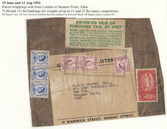 143048 1954 PART PARCEL WRAPPER LONDON TO ADEN WITH KGVI 5s RED (SG510) AND WILDINGS 4d X 3 AND 6d X 3.