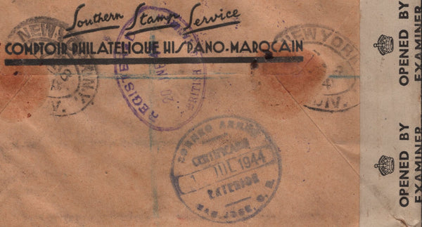 143049 1944 REGISTERED AIRMAIL TANGIER TO SAN JOSE, COSTA RICA WITH 5s RED (SG477) AND 10s ULTRAMARINE  (SG478b) X 2.