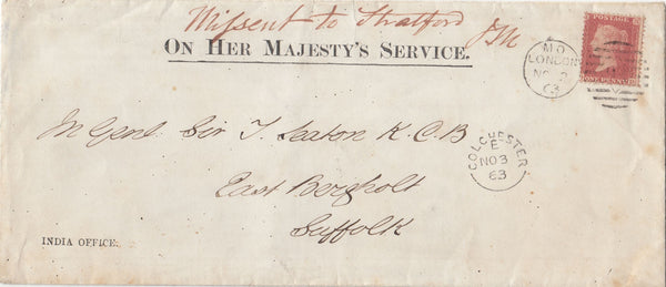 143056 1863 MAIL LONDON TO EAST BERGHOLT, SUFFOLK MANUSCRIPT 'Mifsent to Stratford' 1d (SG40).