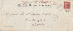 143056 1863 MAIL LONDON TO EAST BERGHOLT, SUFFOLK MANUSCRIPT 'Mifsent to Stratford' 1d (SG40).