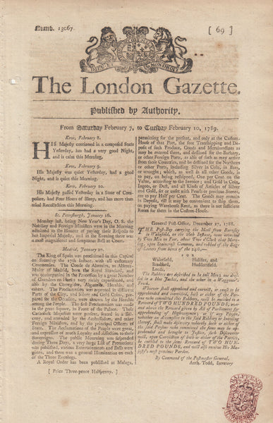 143057 1789 'London Gazette'  WITH NOTICE CONCERNING MAIL BAG ROBBERY FROM POFT  BOY CARRYING MAIL BARNSLEY TO WAKEFIELD.