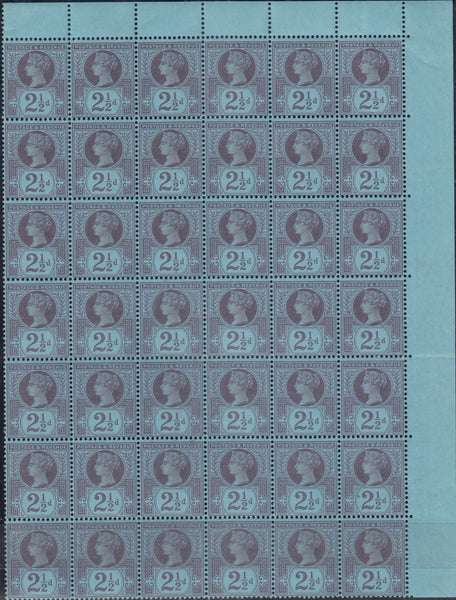 143064 1887 2½d PURPLE/BLUE JUBILEE ISSUE EXCEPTIONAL UNMOUNTED O.G. CORNER BLOCK OF 42 (SG201).