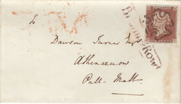 143067 1843 MAIL USED IN LONDON WITH 1d PL.33 (SG8)(SI) WITH 'T.P/Brompn-Row' RECEIVER'S HAND STAMP (L504/BROMRW4a).