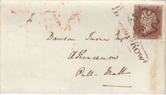 143067 1843 MAIL USED IN LONDON WITH 1d PL.33 (SG8)(SI) WITH 'T.P/Brompn-Row' RECEIVER'S HAND STAMP (L504/BROMRW4a).
