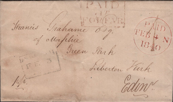 143068 1840 MAIL FORFAR TO EDINBURGH WITH FORFAR '1' UNIFORM PENNY POST HAND STAMP AND BOXED 'PAID/AT/FORFAR' HAND STAMP.