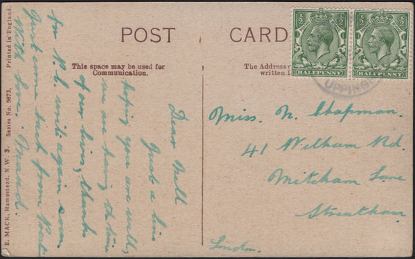 143072 CIRCA 1918 POSTCARD BISBROOKE, RUTLAND TO STREATHAM KGV ½d X 2 'BISBROOKE/UPPINGHAM' RUBBER DATE STAMP.