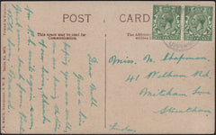 143072 CIRCA 1918 POSTCARD BISBROOKE, RUTLAND TO STREATHAM KGV ½d X 2 'BISBROOKE/UPPINGHAM' RUBBER DATE STAMP.