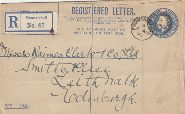 143088  1918 KGV 3½d BLUE REGISTERED ENVELOPE FOUNTAINHALL TO EDINBURGH.