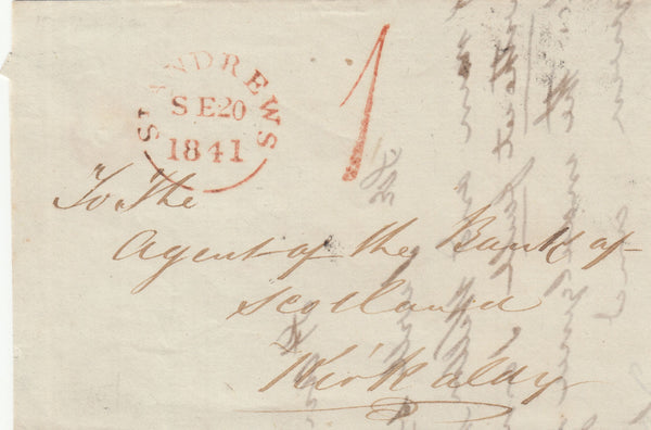 143092 1841 MAIL ST. ANDREWS TO KIRKCALDY WITH ST. ANDREWS '1' UNIFORM PENNY POST HANDSTAMP.