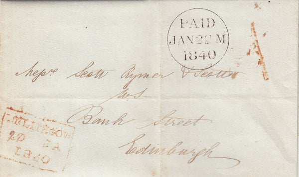 143093 1840 MAIL LINLITHGOW, WEST LOTHIAN TO EDINBURGH WITH LINLITHGOW '1' UNIFORM PENNY POST HANDSTAMP.