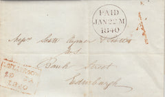 143093 1840 MAIL LINLITHGOW, WEST LOTHIAN TO EDINBURGH WITH LINLITHGOW '1' UNIFORM PENNY POST HANDSTAMP.