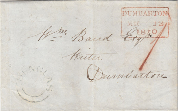 143094 1850 MAIL DUMBUCK USED LOCALLY TO DUMBARTON WITH DUMBARTON '1' UNIFORM PENNY POST HANDSTAMP.