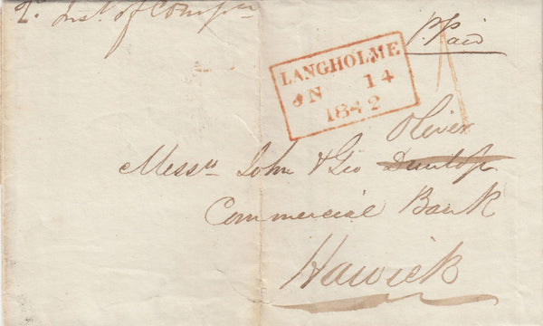 143095 1842 MAIL LANGHOLM, DUMFRIES AND GALLOWAY TO HAWICK WITH LANGHOLM '1' UNIFORM PENNY POST HANDSTAMP.