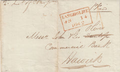143095 1842 MAIL LANGHOLM, DUMFRIES AND GALLOWAY TO HAWICK WITH LANGHOLM '1' UNIFORM PENNY POST HANDSTAMP.