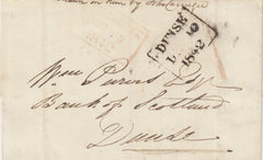 143096 1842 MAIL PRESTONKIRK, EAST LOTHIAN TO DUNSE WITH PRESTONKIRK '1' UNIFORM PENNY POST HANDSTAMP.