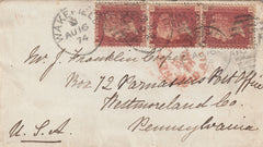143101  1874 MAIL WAKEFIELD, YORKS TO PENNSYLVANIA, U.S.A. 1d PL.160 (SG43) X 3.