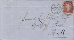 143102 1868 MAIL LONDON TO HULL 1d PL.71 (SG43) FISCAL STAMP WITHIN.