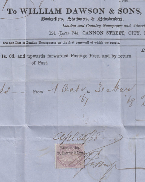 143102 1868 MAIL LONDON TO HULL 1d PL.71 (SG43) FISCAL STAMP WITHIN.