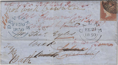 143103 1850 LETTER LONDON TO 'Wick Wilts' 1d (SG8) REDIRECTED WITH SIX REDIRECTIONS IN ATTEMPT TO DELIVER.