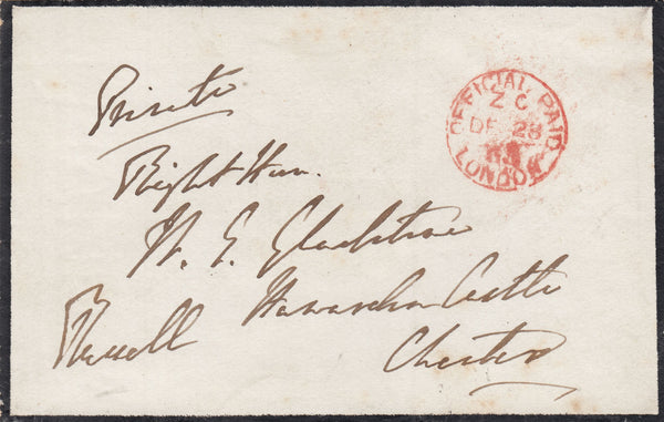 143105 1865 'OFFICIAL PAID' MOURNING ENVELOPE FROM EARL RUSSELL, PRIME MINISTER TO CHESTER