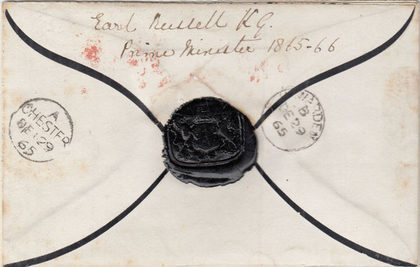 143105 1865 'OFFICIAL PAID' MOURNING ENVELOPE FROM EARL RUSSELL, PRIME MINISTER TO CHESTER