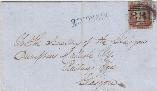 143107 1848 MAIL WAKEFIELD TO GLASGOW 1d (SG8) 'KIRKGATE' RECEIVER'S HANDSTAMP IN BLUE (YK3093).