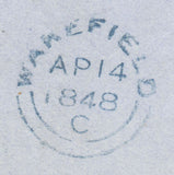 143107 1848 MAIL WAKEFIELD TO GLASGOW 1d (SG8) 'KIRKGATE' RECEIVER'S HANDSTAMP IN BLUE (YK3093).