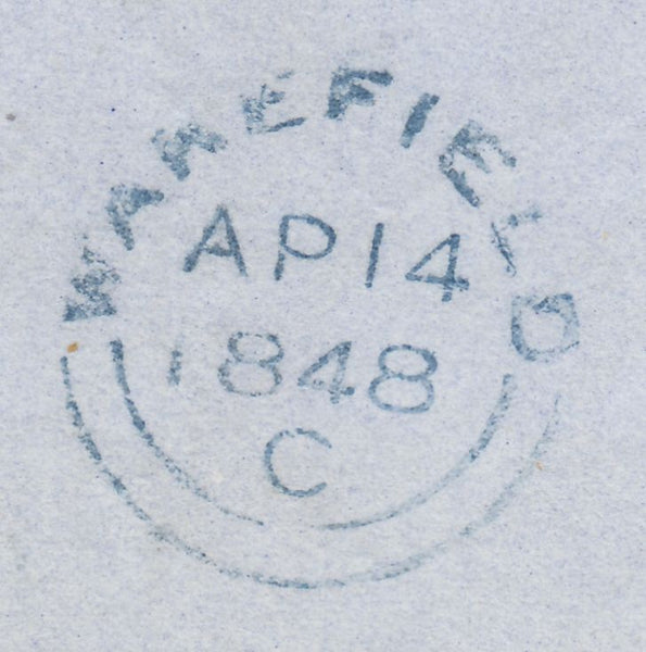 143107 1848 MAIL WAKEFIELD TO GLASGOW 1d (SG8) 'KIRKGATE' RECEIVER'S HANDSTAMP IN BLUE (YK3093).