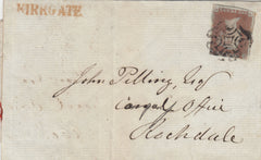 143108 1844 MAIL WAKEFIELD TO ROCHDALE 1d  (SG8) 'KIRKGATE' RECEIVER'S HANDSTAMP IN RED (YK3093).