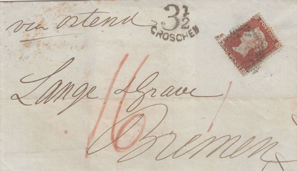 143115 1855  MAIL FALMOUTH, CORNWALL TO BREMEN, 1d (SG22) '3½/GROSCHEN' HANDSTAMP.