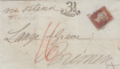 143115 1855  MAIL FALMOUTH, CORNWALL TO BREMEN, 1d (SG22) '3½/GROSCHEN' HANDSTAMP.