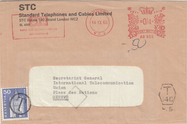 143117 1966 UNDERPAID MAIL LONDON TO GENEVA, METER MARK AND SWISS POSTAGE DUE,
