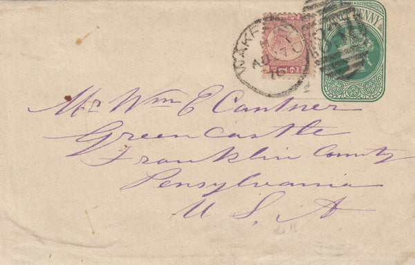 143118 1876 1/2d GREEN NEWSPAPER WRAPPER WAKEFIELD TO PENSYLVANIA, U.S.A UPRATED 1/2d PL.12 (SG48).