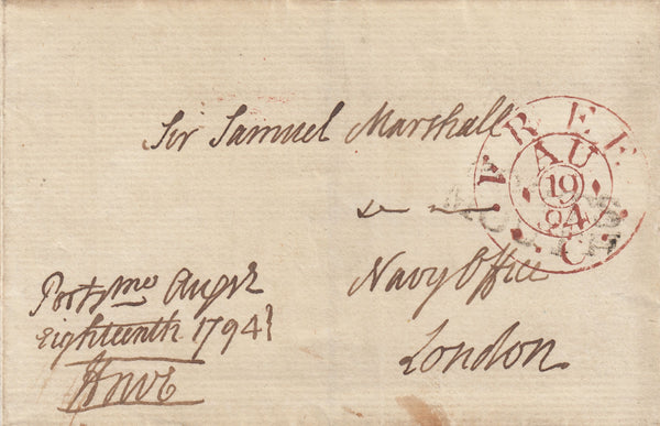 143119 1794 FREE MAIL PORTSMOUTH TO LONDON FROM EARL HOWE WITH LONDON 'FREE/C' FRANK HANDSTAMP (L776c).