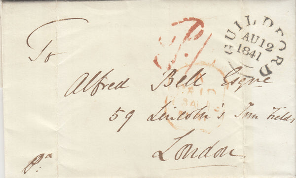 143125 1841 MAIL GUILDFORD TO LONDON WITH GUILDFORD 'P.1' UNIFORM PENNY POST HANDSTAMP TYPE 'K' (SY408).
