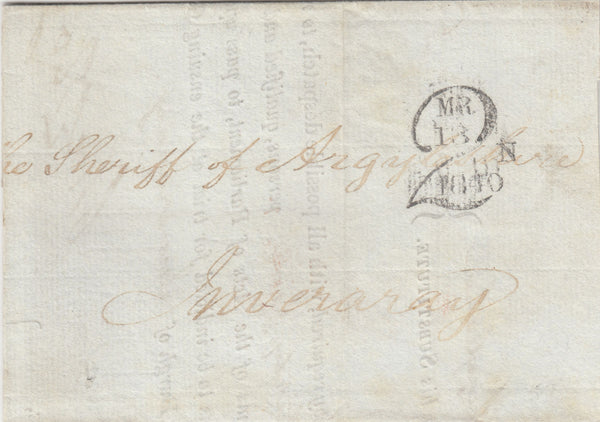 143129 1840 UNPAID MAIL EDINBURGH TO INVERARAY WITH EDINBURGH '2/MR 13 1840' CHARGEMARK IN BLACK.