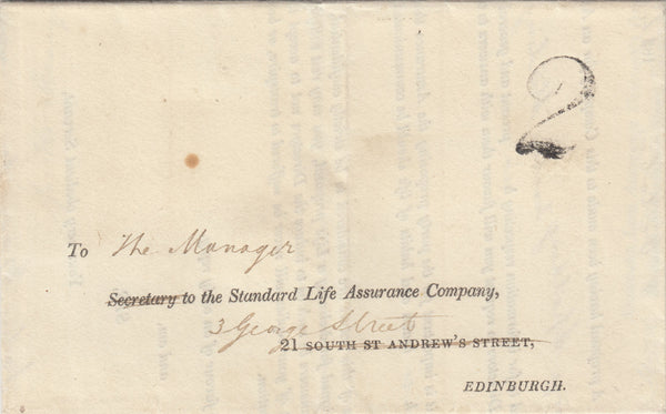 143130 1840 UNPAID MAIL AUCHTERARDER TO EDINBURGH WITH '2' UNIFORM PENNY POST CHARGEMARK IN BLACK.