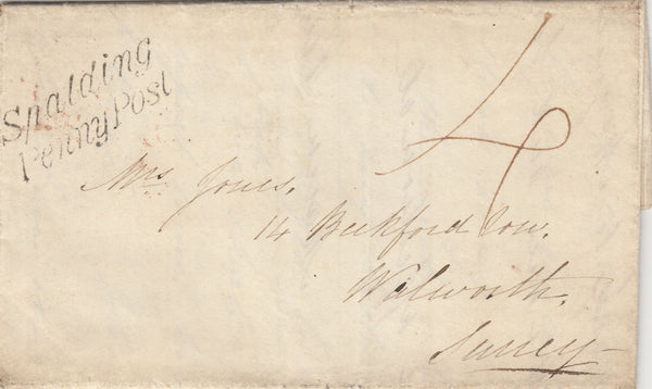 143132 1839 UNIFORM FOURPENNY POST SEMPRINGHAM, LINCS TO WALWORTH 'Spalding Penny/ Post' HANDSTAMP (L1921).