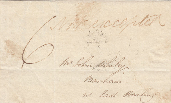 143138 1836 MAIL WYMONDHAM TO EAST HARLING 'WYMONDHAM' UDC (NK490) AND MANUSCRIPT 'Not accepted'.