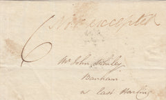 143138 1836 MAIL WYMONDHAM TO EAST HARLING 'WYMONDHAM' UDC (NK490) AND MANUSCRIPT 'Not accepted'.