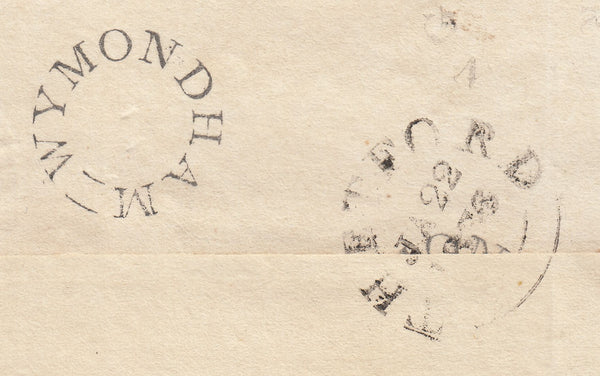 143138 1836 MAIL WYMONDHAM TO EAST HARLING 'WYMONDHAM' UDC (NK490) AND MANUSCRIPT 'Not accepted'.