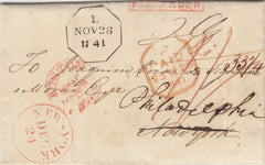 143139  1841 MAIL LONDON TO NEW YORK REDIRECTED TO PHILADELPHIA WITH VARIOUS HANDSTAMPS.