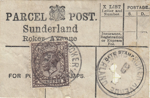 143140 1921 PARCEL POST LABEL 'Sunderland/Roker Avenue' 9d AGATE '(SG392).