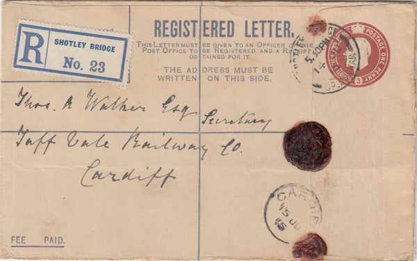 143145 1915 KGV REGISTERED MAIL SHOTLEY BRIDGE, DURHAM TO CARDIFF.