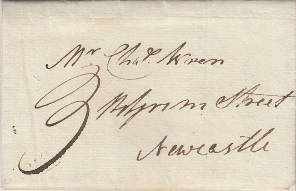 143147 1798 MAIL HOUGHTON, DURHAM TO NEWCASTLE WITH 'SUNDERLAND' HORSESHOE STYLE HANDSTAMP (DU490).
