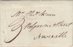 143147 1798 MAIL HOUGHTON, DURHAM TO NEWCASTLE WITH 'SUNDERLAND' HORSESHOE STYLE HANDSTAMP (DU490).