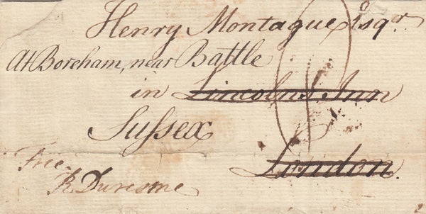 143149 CIRCA 1764 FREE MAIL DARLINGTON TO LONDON, REDIRECTED TO BATTLE, SUSSEX 'DARLING/TON' UNRECORDED TWO-LINE HANDSTAMP.