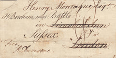 143149 CIRCA 1764 FREE MAIL DARLINGTON TO LONDON, REDIRECTED TO BATTLE, SUSSEX 'DARLING/TON' UNRECORDED TWO-LINE HANDSTAMP.
